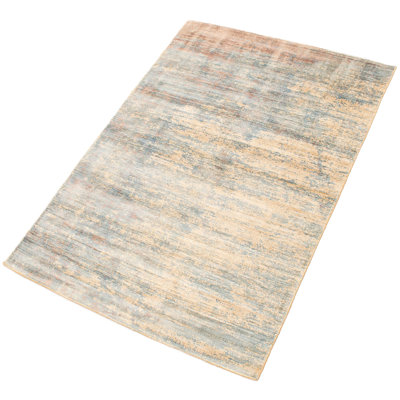 Tapis unique en viscose noué à la main bleu clair des années 2010 de 4 pi 11 po x 7 pi 1 po Momsen