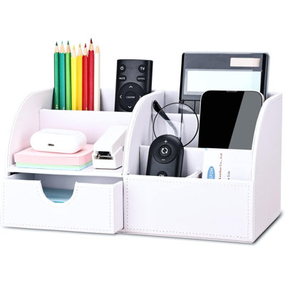Organisateur de bureau blanc en cuir d'unité centrale, boîte de rangement à 6 compartiments pour stylos et crayons avec tiroir pour fournitures de bureau