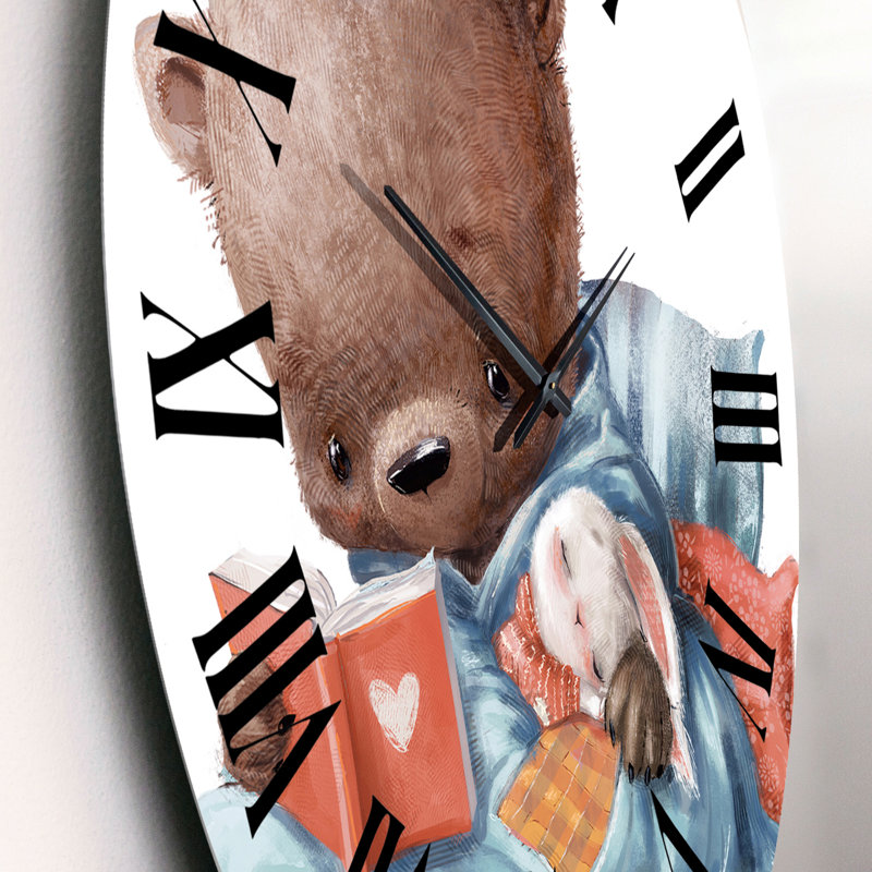 Adorable ourson en peluche avec petit lièvre blanc I - horloge murale pour enfants, Petit