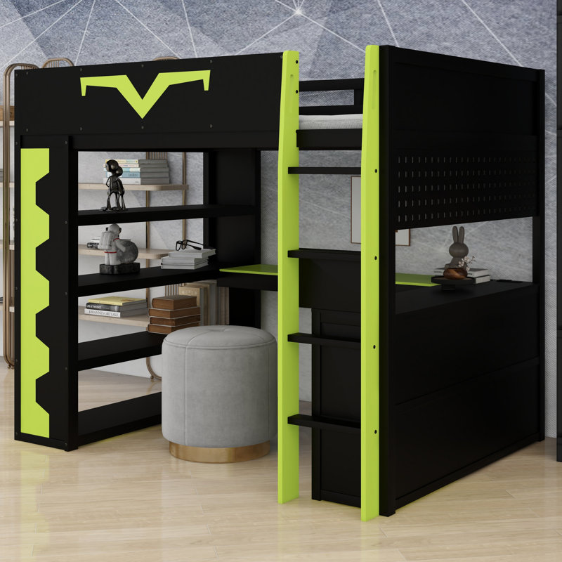 Lit de jeu avancé avec conception loft, bureau intégré et rangement, Vert