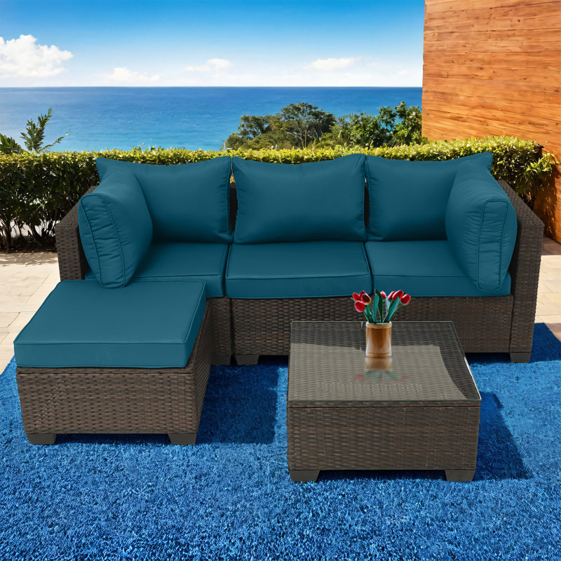 Ensemble de conversation d'extérieur 4 personnes avec coussins Color, Brun clair, Bleu paon