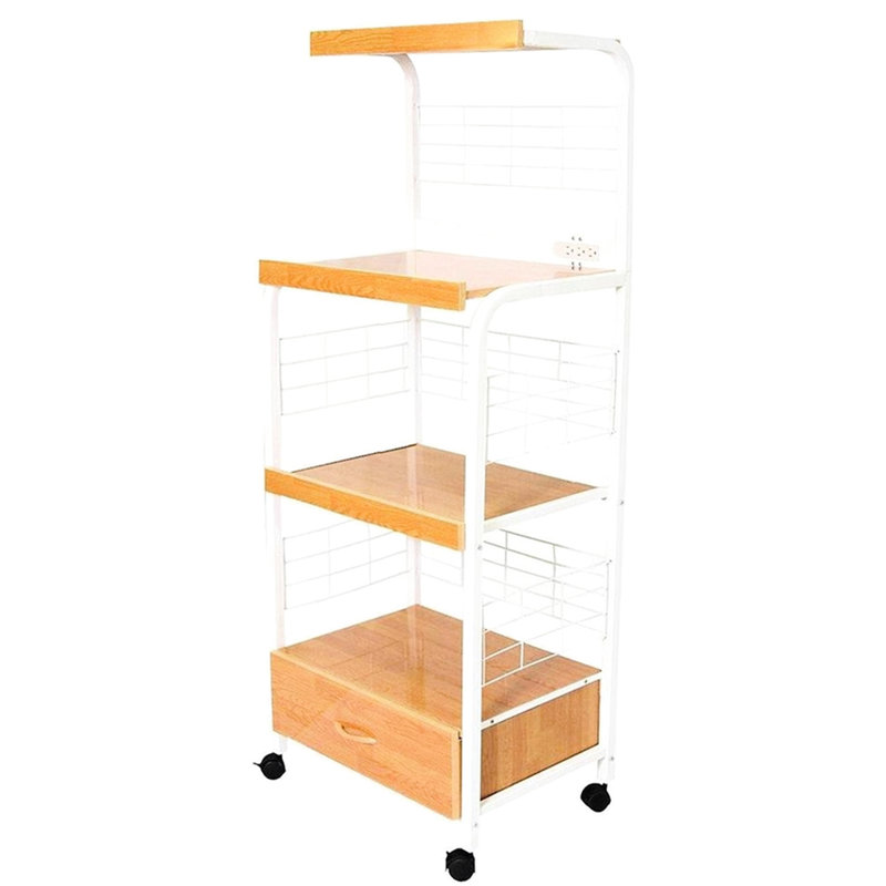 Étagère de cuisine à 3 micro-ondes avec tiroir et boîtier de prises électriques, hauteur 59,5 po. Mélange de couleurs blanc naturel. Fabrication en métal ferme. Tablettes en bois comprimé. Capacité de charge de 70 lb par chariot