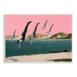 Surreal Swimmers Diving Modern Pink Sunset Landscape By Cassia Beck