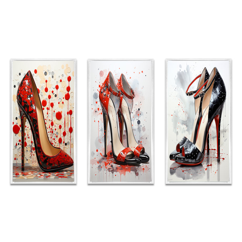 «Black and Red High Heels Symphony II», ensemble de 3 impressions, Cadre blanc, H 20 po x l 36 po