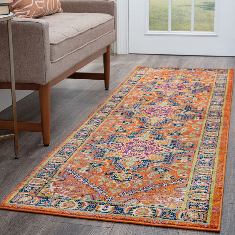 Tapis oriental orange / rose / bleu Depew, Tapis de couloir 2 pi 3 po x 7 pi 6 po
