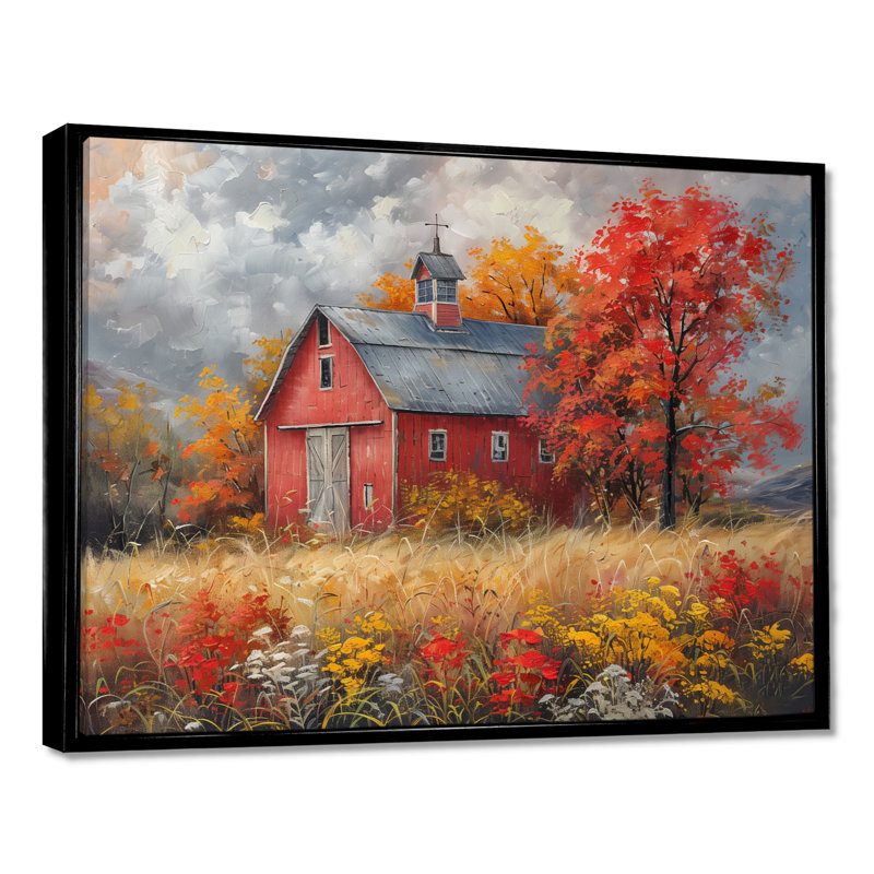 Automne rouge grange brise I - impressions encadrées de grange, Toile avec cadre flottant noir, H 12 po x l 20 po x P 1 po