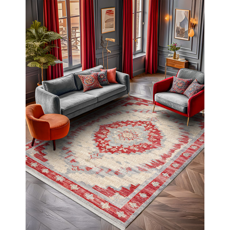 Marisol Burgundy Beige Gray Oriental Machine Printed Cotton Polyester Area Rug, Runner 3'4" x 13'2"