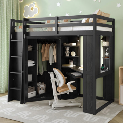 Lit mezzanine simple en métal avec grande garde-robe et bureau intégrés, lit haut tout-en-un peu encombrant avec plateau à clavier coulissant, station de charge et double projecteur - noir
