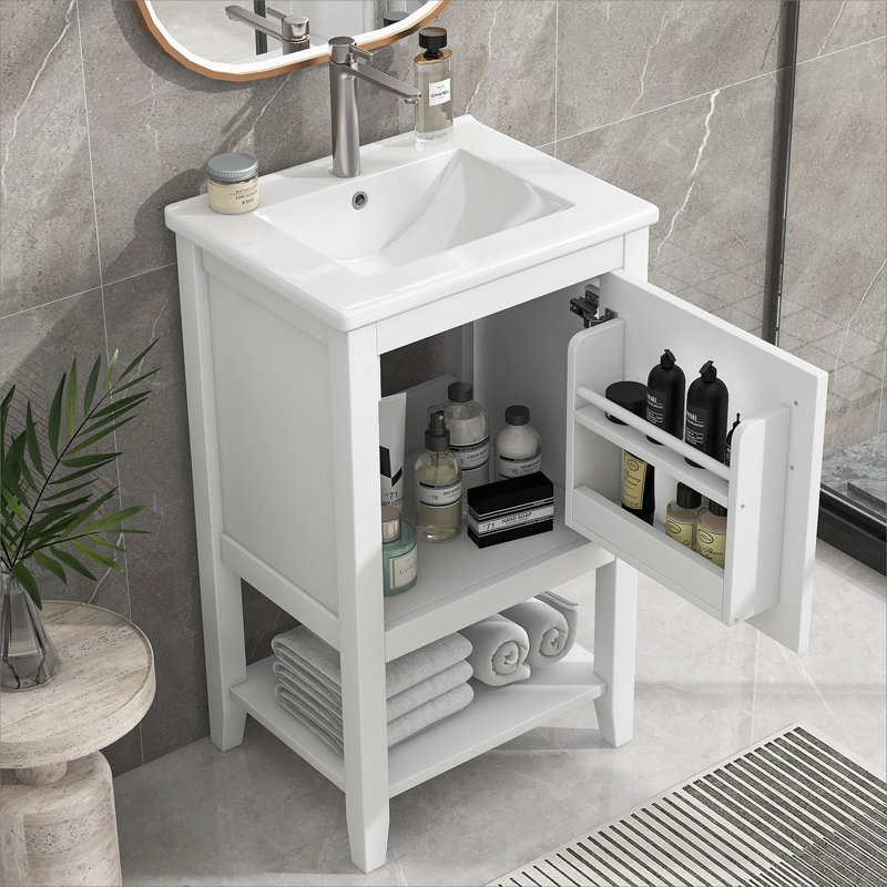 Meuble-lavabo de 20 po avec lavabo, armoire de salle de bain avec porte à fermeture douce, support de rangement et tablette ouverte, blanc