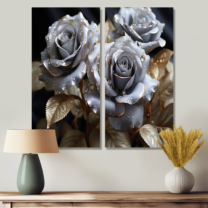 Décoration murale grises et dorées - grandes roses, H 32 po x l 32 po, Toile tendue, Ne s’applique pas