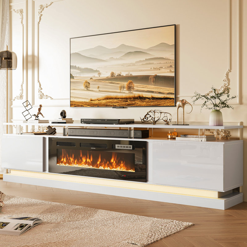 TV Stand With Fireplace, 61" H x 203" W x 35" D, White