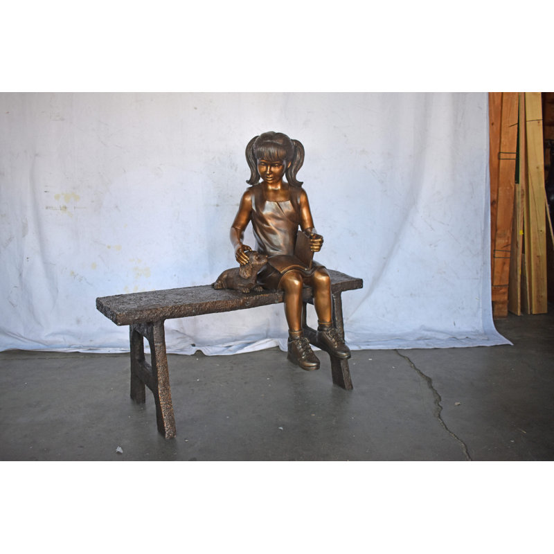 Statue de jeune fille avec son chiot sur un banc de lecture en bronze, taille 37 po x 17 po x H 38 po