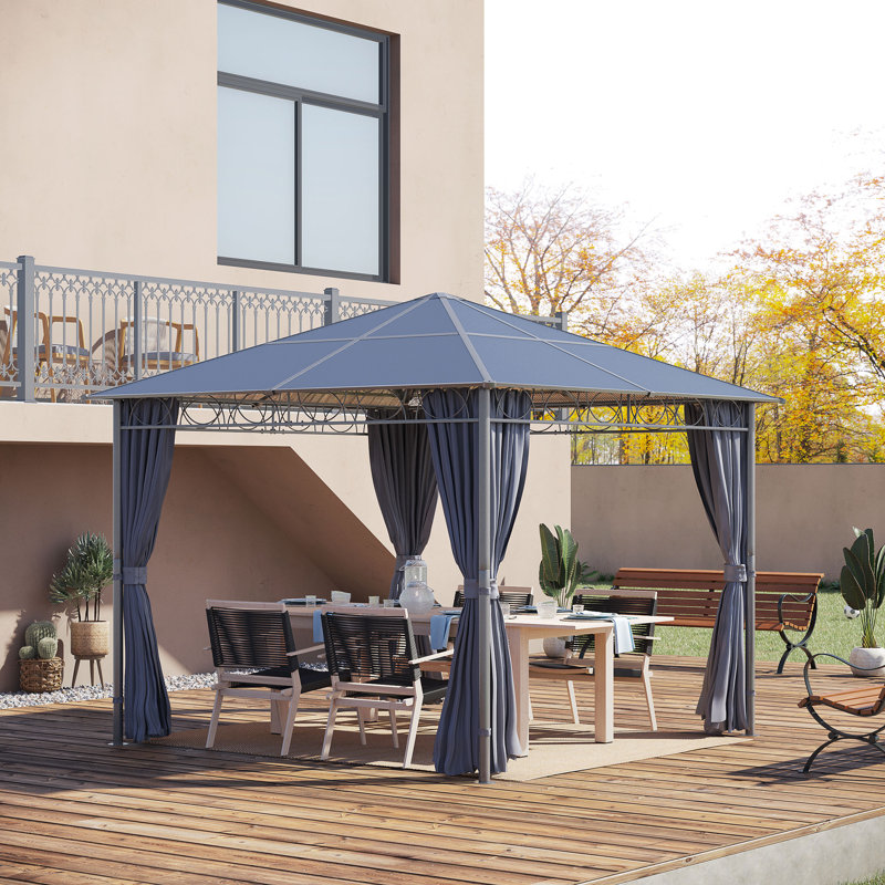 3 X 3m Hardtop Gazebo With 6mm Polycarbonate Roof, Steel & Aluminium Frame, Zippered Privacy Curtains, Ceiling Hooks, Permanent Outdoor Pavilion For Patio Deck Garden, Grey