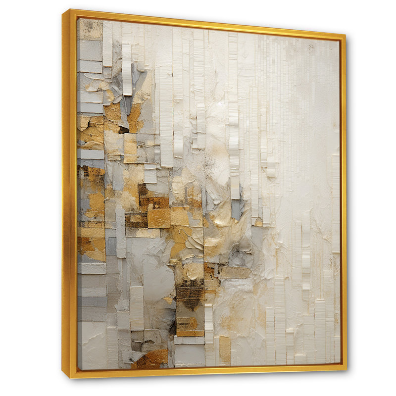 Or abstrait et divisé blanc III sur toile, Cadre flottant doré, H 20 po x l 12 po x P 1 po