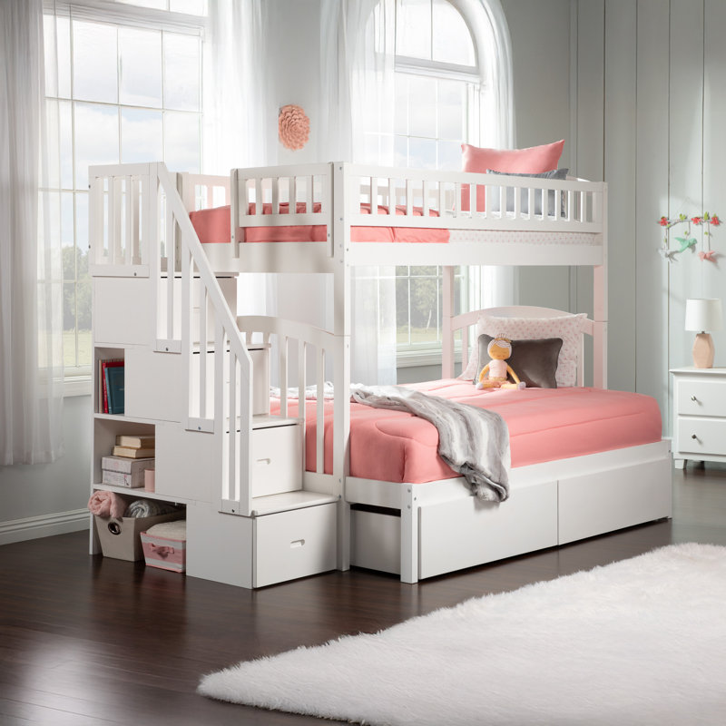 Jaxson Solid Wood Bunk Bed with Staircase and Under-Bed Storage Drawers , White, Twin over Full