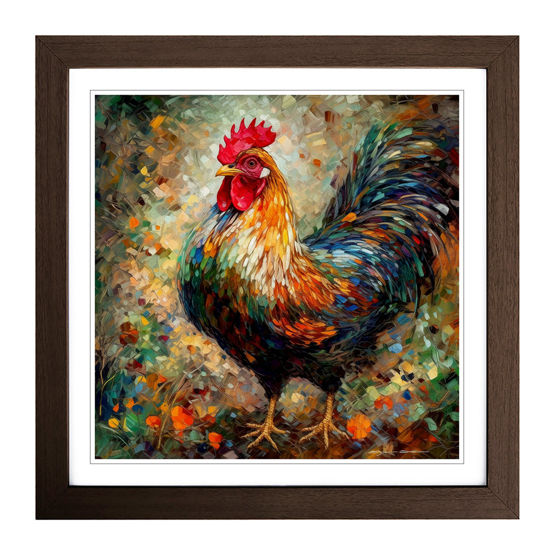 Rooster Neo-Impressionism - Single Picture Frame Print on Wood, Walnut