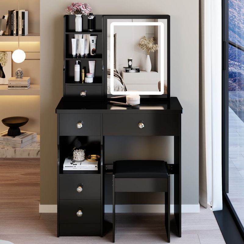 29.2" Vanity Table With Left Drawer, Touch - Control Brightness Adjustable Mirror, Cushioned Stool, High Capacity Storage For Small Spaces, Black Desktop Tri Colour Switching Led Bedrooms,