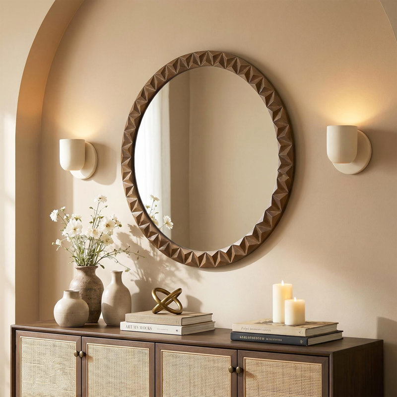 25.6" Round Wall Mirror with Geometric Solid Wood Frame