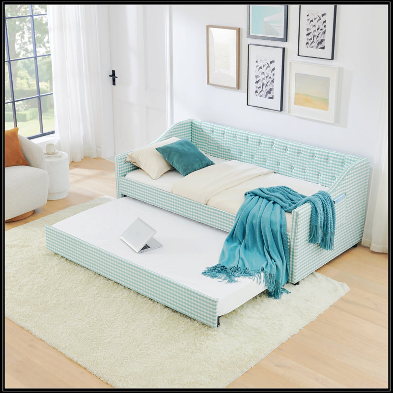 Lit de jour simple, canapé-lit convertible polyvalent 3 en 1 Gingham avec couchette coulissante et poches de rangement latérales, idéal pour les petits espaces
