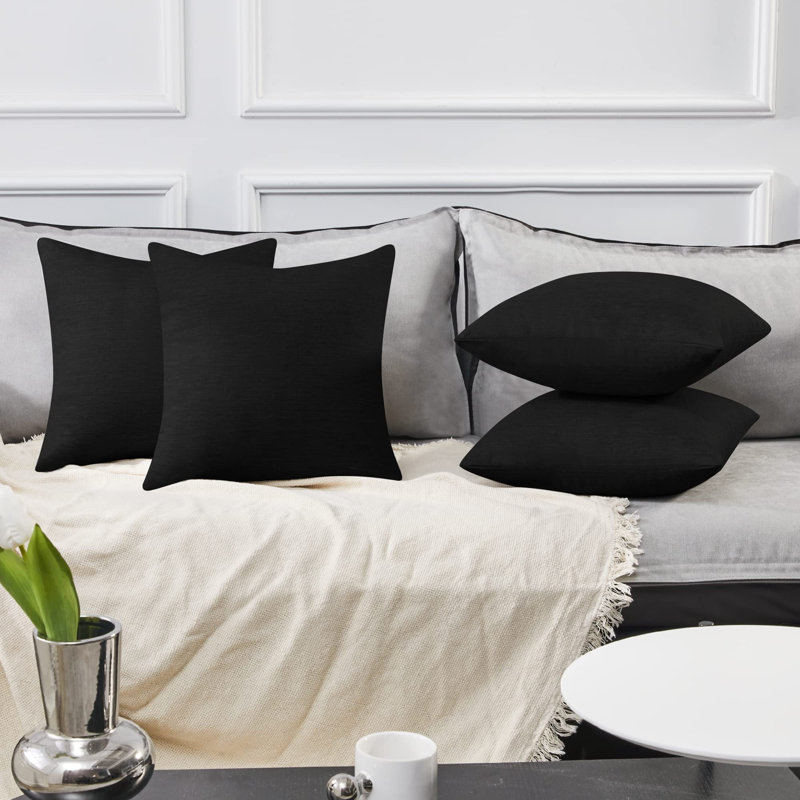 Housses de coussin en faux lin (ensemble de 4), Noir, 16 po x 16 po