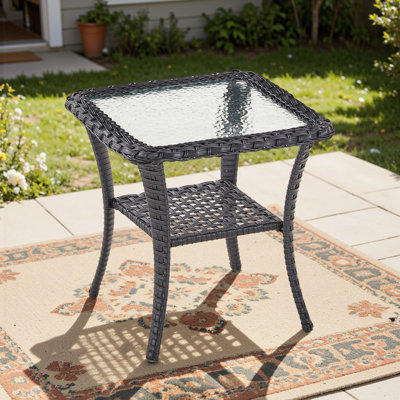 All-Weather PE Rattan Patio Side Table with Water Wave Tempered Glass Top and Storage Shelf, 2-Tier Outdoor End Table Accent Bistro Table for Porch, Balcony, Garden, Backyard