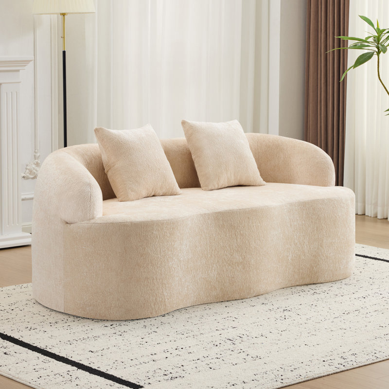 Canapé beige incurvé avec accoudoir rond, canapé à compression avec 2 coussins, canapé crème pour les petits espaces, salon, chambre à coucher, sans assemblage