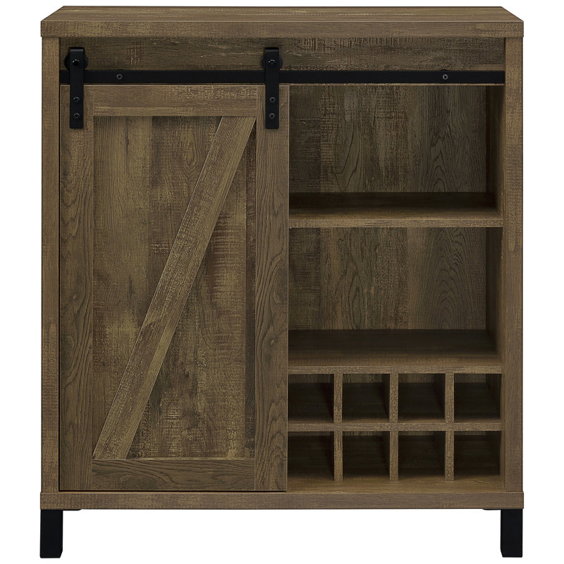 Bar style avec porte coulissante en placage de chêne rustique, capacité de huit bouteilles et rangement pour le vin