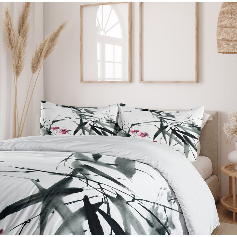 King Black and White Floral Polyester Duvet Cover Set