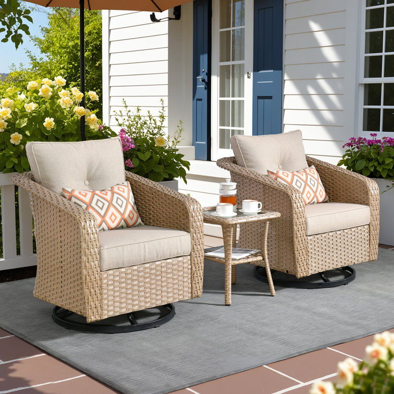 3 - Piece Patio Wicker Swivel Chair Set with Cushions and Side Table, Beige