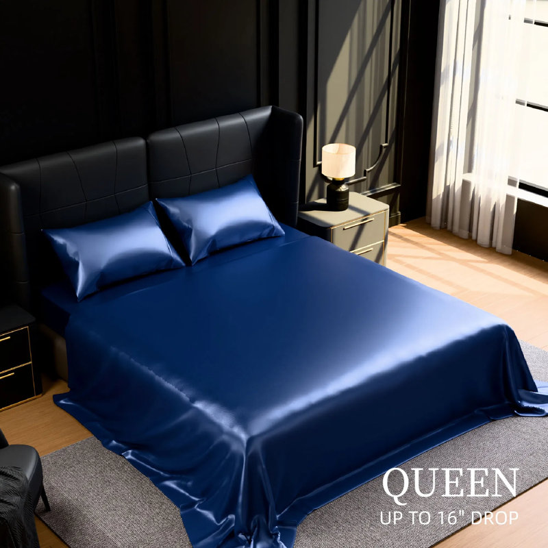 Ensemble de draps en satin, literie 4 pièces soyeuse avec poche profonde de 15 pouces - résistant au froid, à la décoloration et au froissement, facile d'entretien - comprend un drap plat, un drap-housse et 2 taies d'oreiller