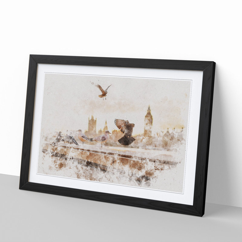 Pigeons by the Houses of Parliament - Picture Frame Graphic Art, 65cm H x 90cm W x 2cm D, Black Framed