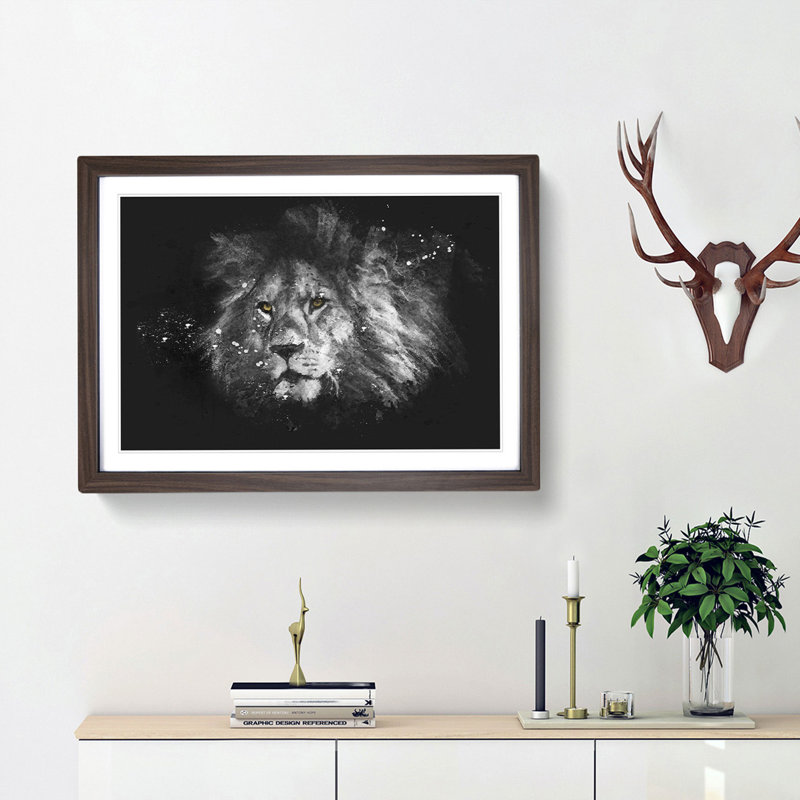 Lion With Piercing Eyes Paint Splash - Picture Frame Graphic Art, Walnut Framed, 45cm H x 63cm W x 2cm D