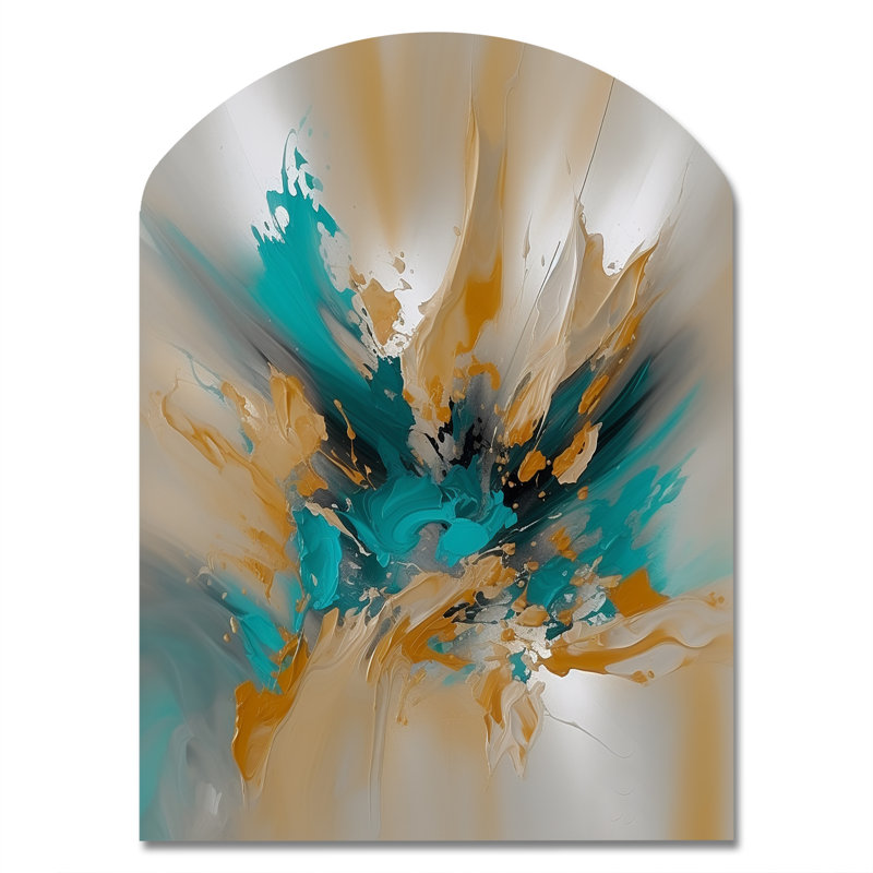 Jaune et turquoise, encre fluide en marbre - Art abstrait en marbre asymétrique, sculpture murale en arche, H 34 po x l 25 po