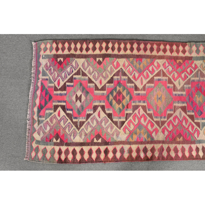 Tapis de style kilim turc rétro fait à la main pour décoration bohémienne avec laine colorée rose / vert
