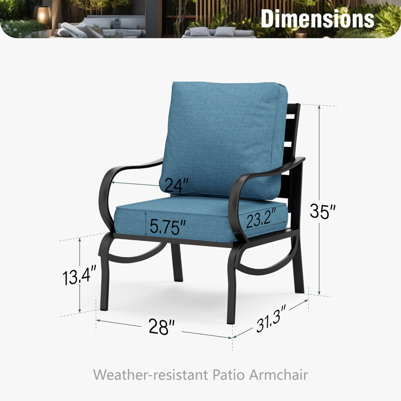 Argirios Metal Patio Chair with Cushions(Set of 2), Denim Blue