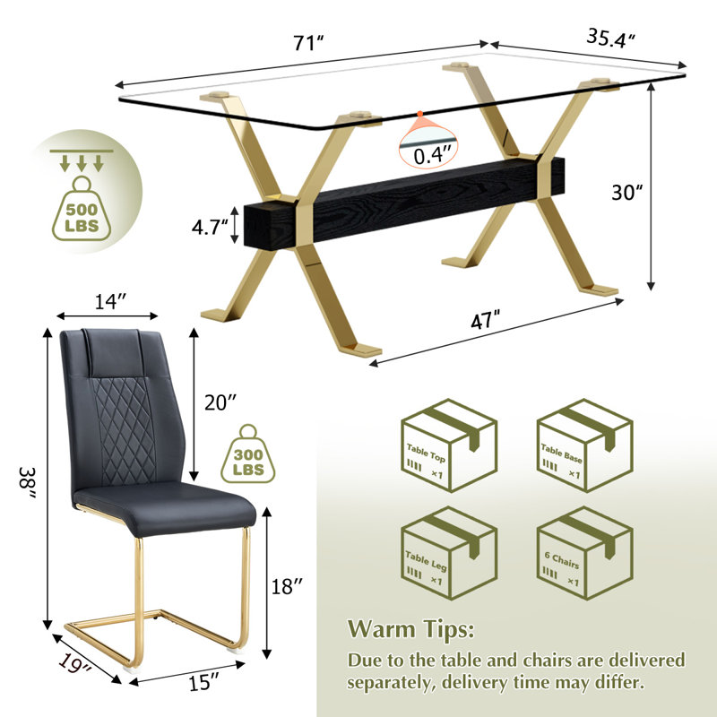 7-Piece Glass Top Dining Table Sets, Black/Gold, 76 cm H x 51 cm W
