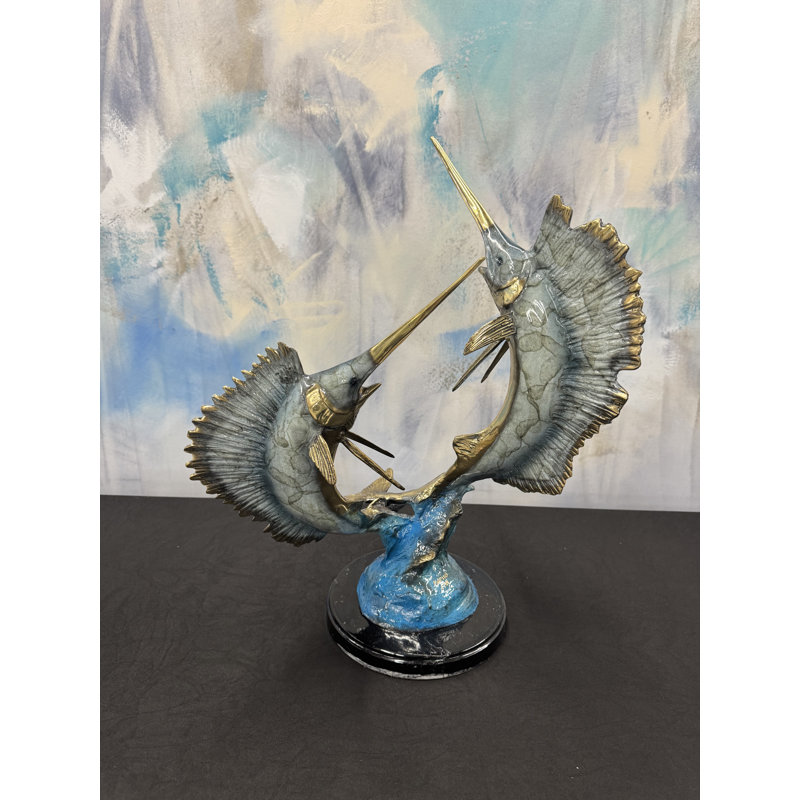 Sculptures & Beyond Two Swordfish/Sailfish Cast Bronze Sculpture – Lost-Wax Bronze with Hand-Applied Patina on Black Marble Base – Coastal & Nautical Decorative Art for Home, Office & Yacht Décor – Moonlit Crossing – 20"H
