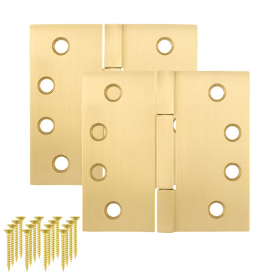Charnières de porte MEGA HANDLES avec coins carrés (paquet de 2) - charnières de porte 4 x 4 po, charnières robustes pour chambre à coucher - laiton satiné