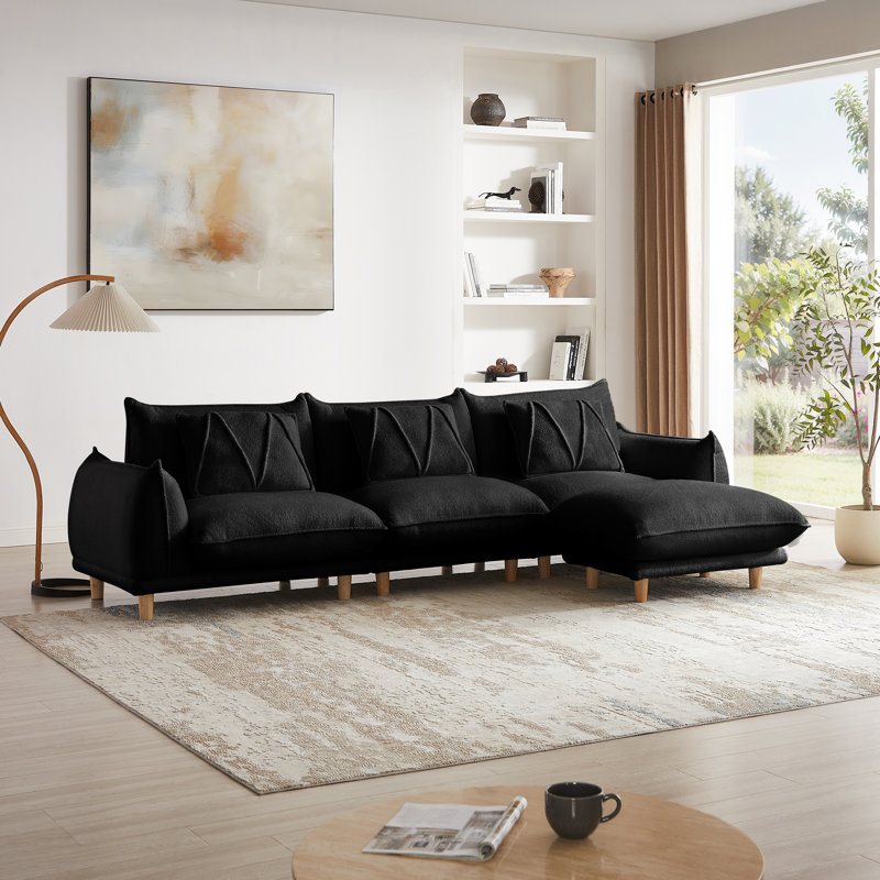 125-Inch Modern Style Teddy Velvet Sofa with Ottoman Includes 3 Featured Pillows, Black