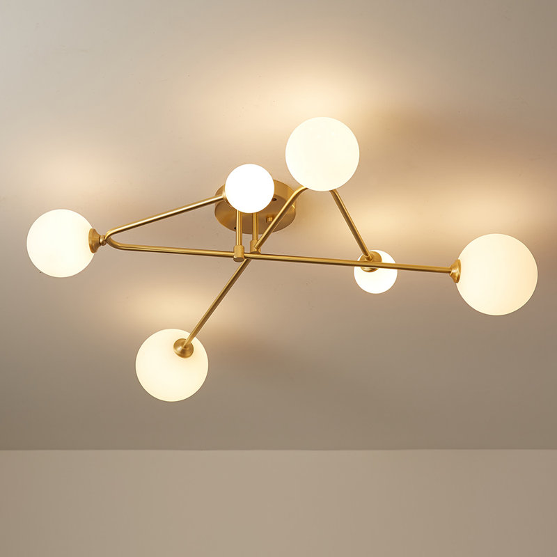Plafonnier linéaire sphérique en verre 6 lumières Spoutnik, Or