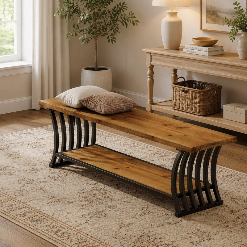 Banc d'entrée de 140 cm, banc à chaussures en bois avec tablette, à placer au pied du lit