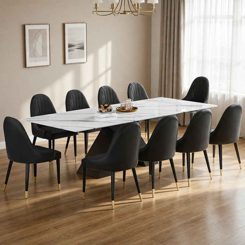 Ensemble de salle à manger pour 8 personnes comprenant une table de salle à manger extensible en pierre frittée de 110,23 po et des chaises noires