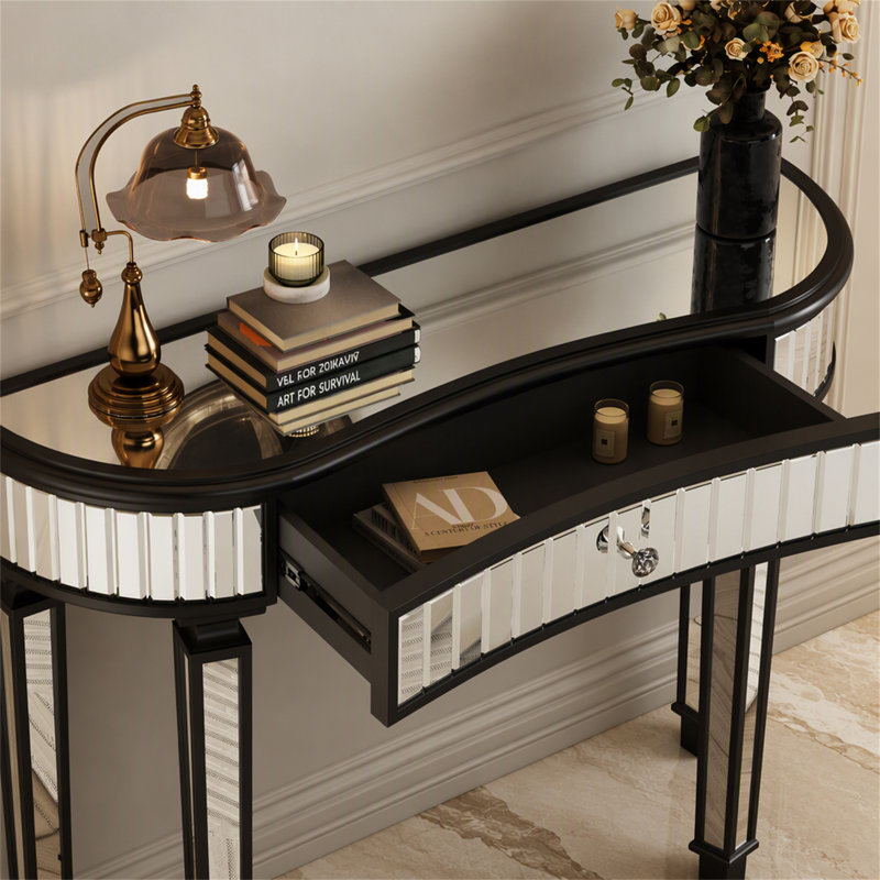 Console 47 po avec miroir demi-lune en verre cannelé et tiroir en cristal, Argent / noir antique + argent