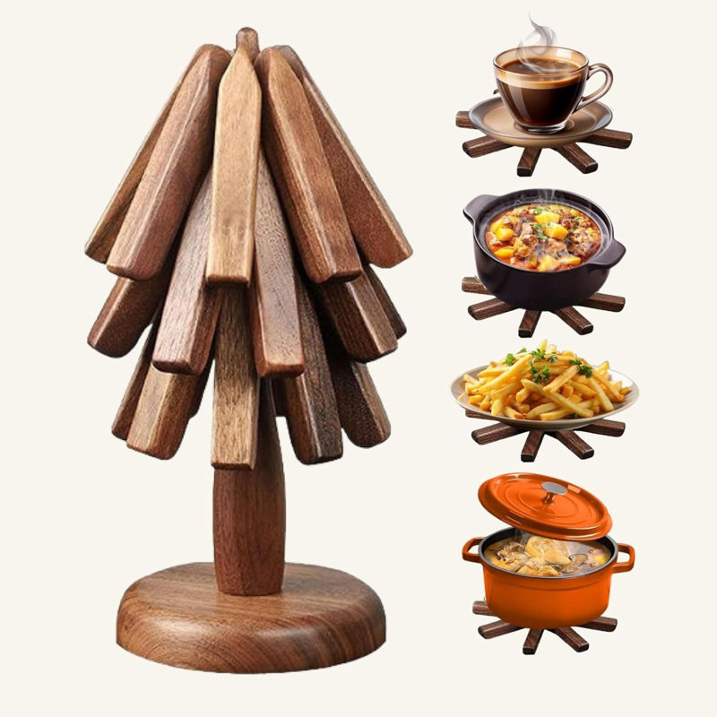 Ensemble de sous-table en bois de noyer, ensemble de sous-plat en bois de noyer pliable, 3 sous-pieds en forme d'arbre et support en bois résistant à la chaleur pour les plats chauds