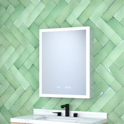 24 In. W X 30 H,silver Aluminum,left Medicine Cabinet,mirror Led,clock,three Colour Lights, - Fog Function,brushed Finish Frame Cabinet,integrated Led,time/temperature Display, Mirror,soft Close Hinges