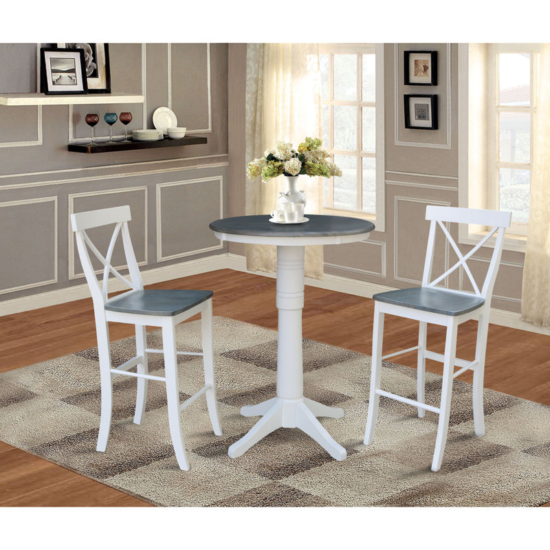 Frausto 2 - Person Solid Wood Bar Height Pedestal Dining Set, White/Heather Gray, 41.9" H x 30" W x 30" D