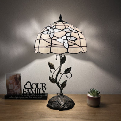 Meryem Tiffany Table Lamp White Stained Glass Flowers Iron Metal Leaves Included LED Bulb 22"H*12"W*12"D