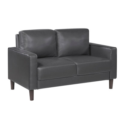 Causeuse rembourrée en similicuir gris foncé de style moderne avec accoudoirs à rails soudés. Structure en bois massif, coussins attachés, convenant aux espaces. Largeur du cadre: 44,5 po et rembourrage en mousse confortable. Propre