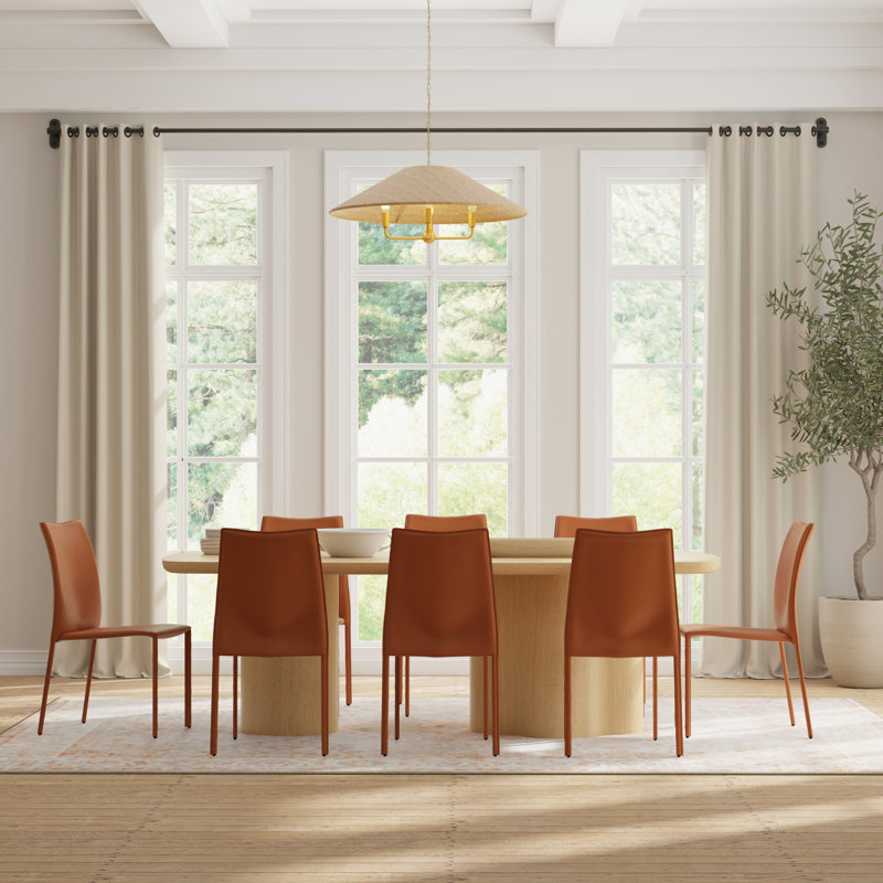Tommi 95" Dining Table In Oak And 8 Sokol Stacking Chairs In Dark Caramel