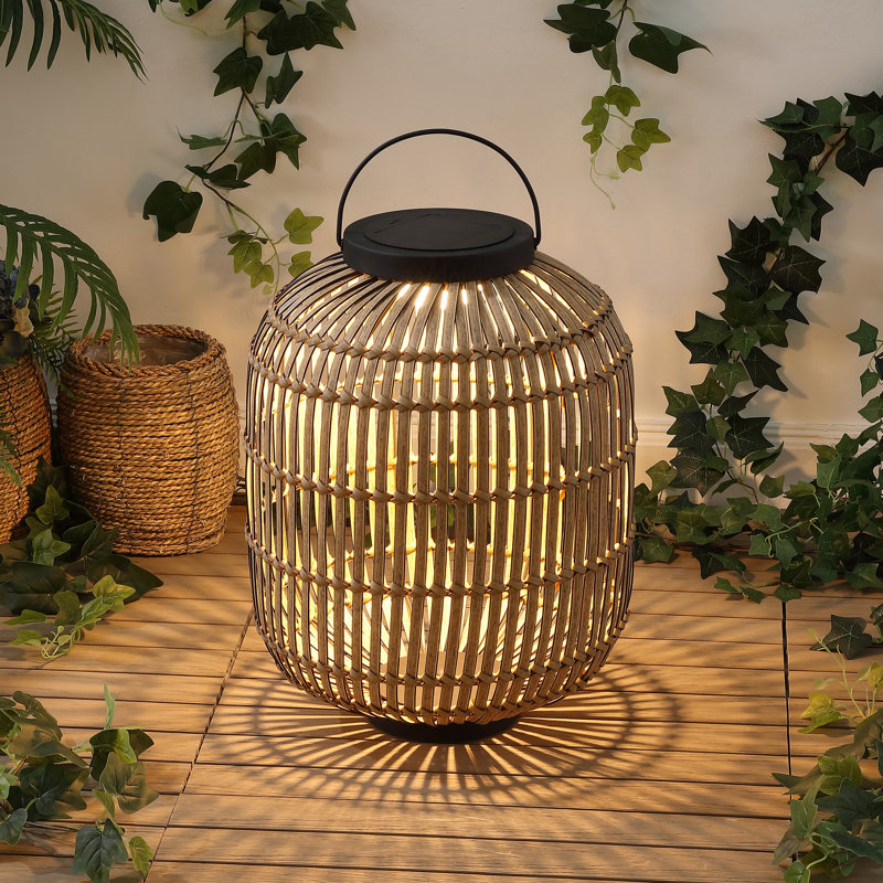 Nara 20.5" Modern Global Faux Rattan Integrated Indoor/Outdoor LED Solar Powered Lantern, Light Brown/Black
